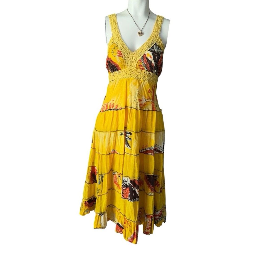 VTG Signature‎ JMB Gauzy tiered  Dress Yellow Orange Ombre Floral middi A shape